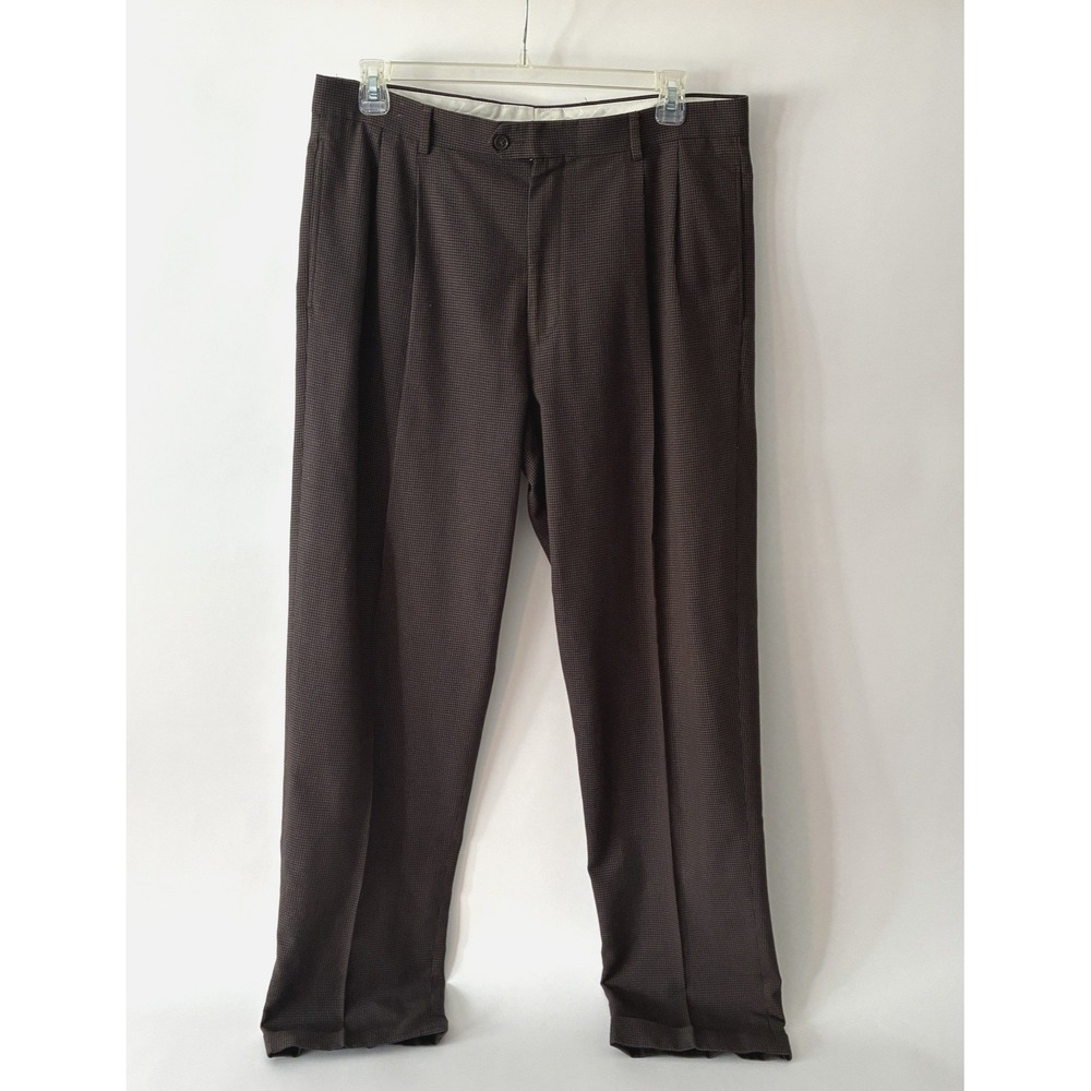 Roundtree & Yorke Dress Pants 36x33 Brown Micro Check Cuffed Pleated Old Money